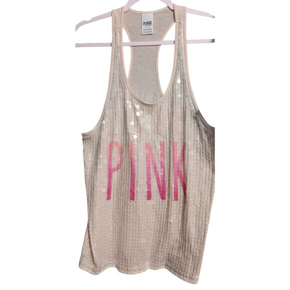 VICTORIA SECRET LOVE PINK Small SEQUIN TANK TOP BLING Orange Shirt Racerback - Picture 1 of 6